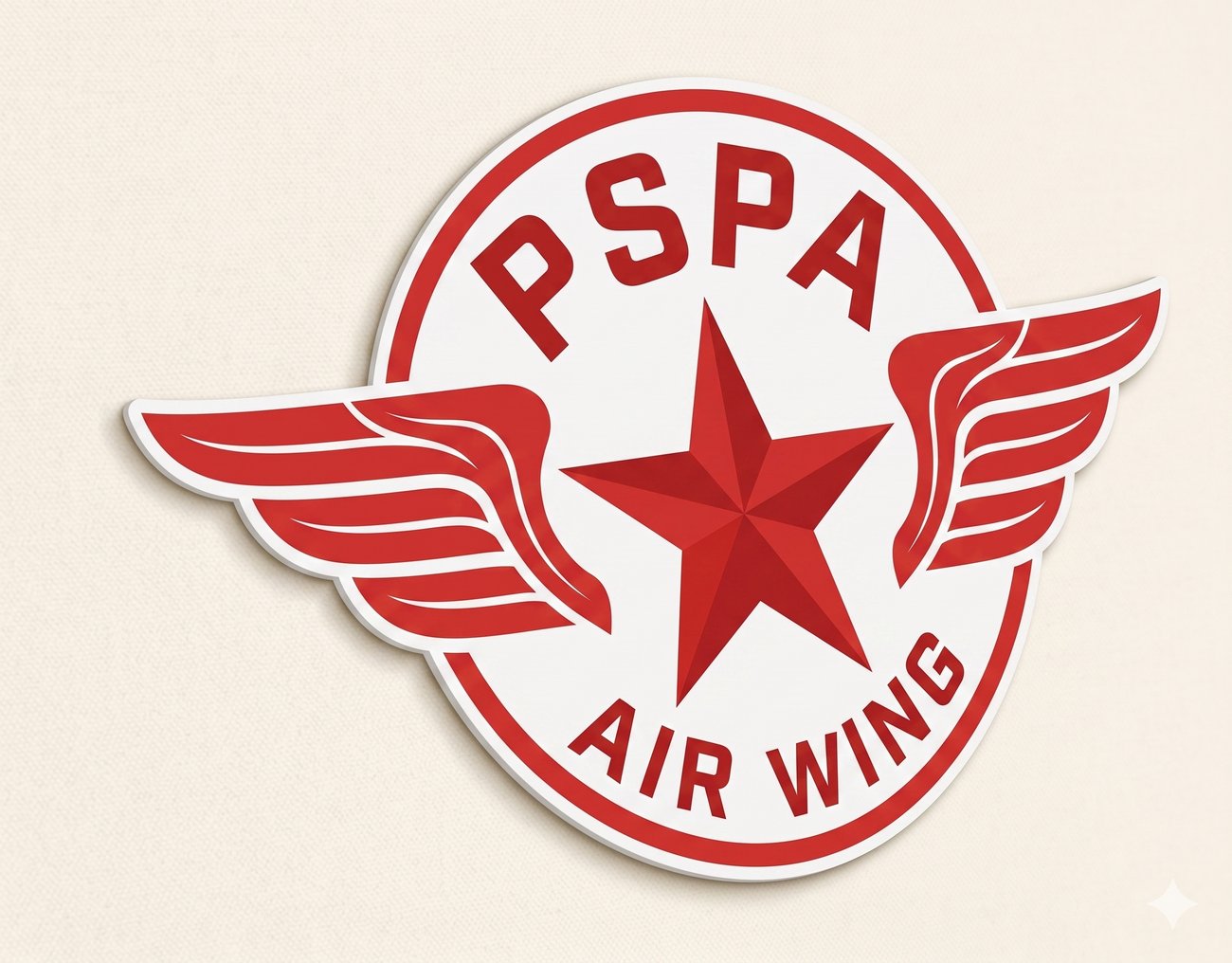 붉은 별에 날개가 달린 PSPA 항공단 원형 엠블럼