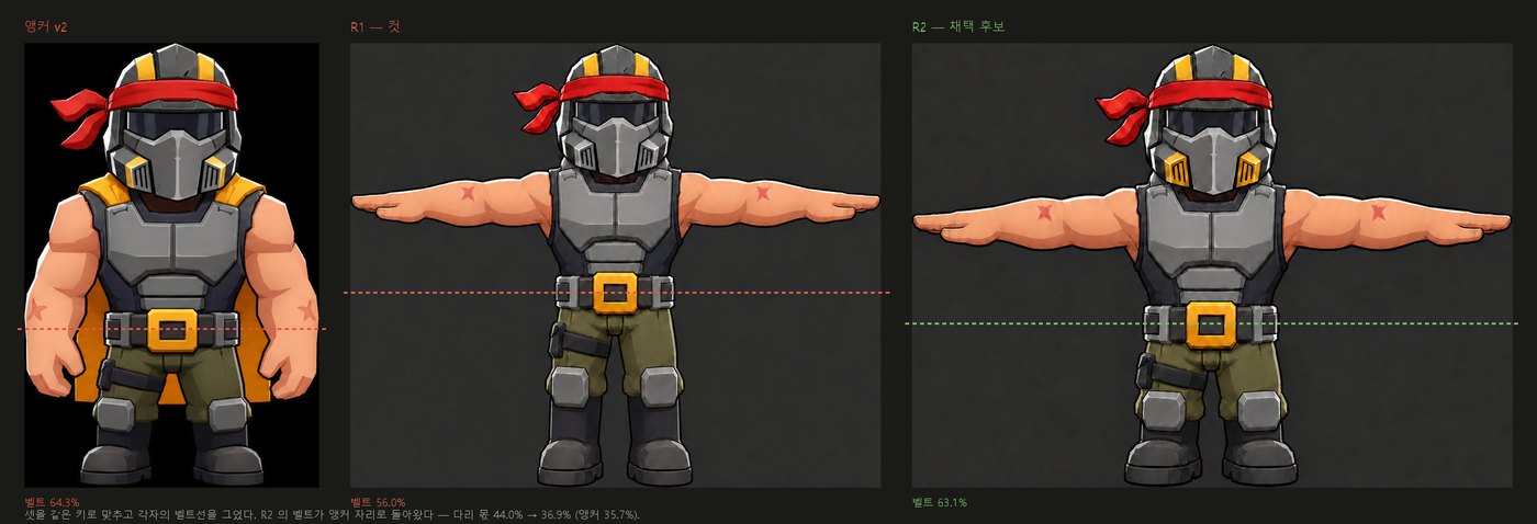 앵커 그림과 재생성 두 안을 같은 키로 세우고 벨트선 높이를 잰 3자 비교 시트