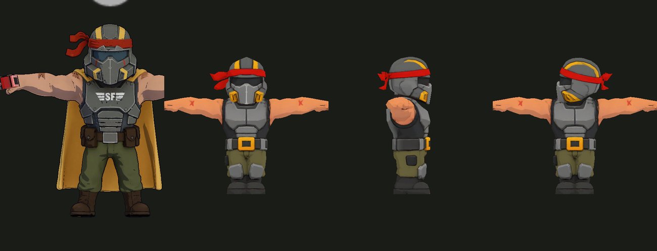 주인공 캐릭터 3D 모델의 정면·측면·후면 T포즈 4컷