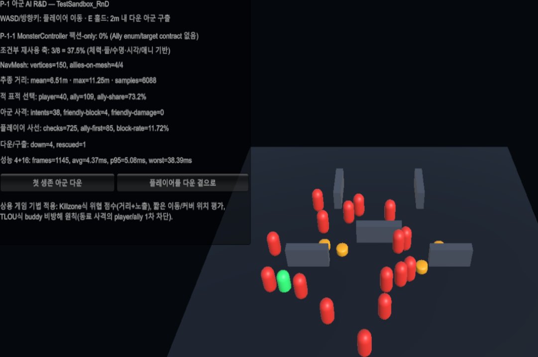 격리 실험실에서 아군 넷이 플레이어를 따라 적과 교전하는 화면